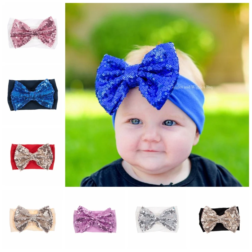 

New Newborn Toddler Sequin Bow Headwraps Cute Baby Girls Knot Nylon Turban Headbands Fashion Children Hair Accessories