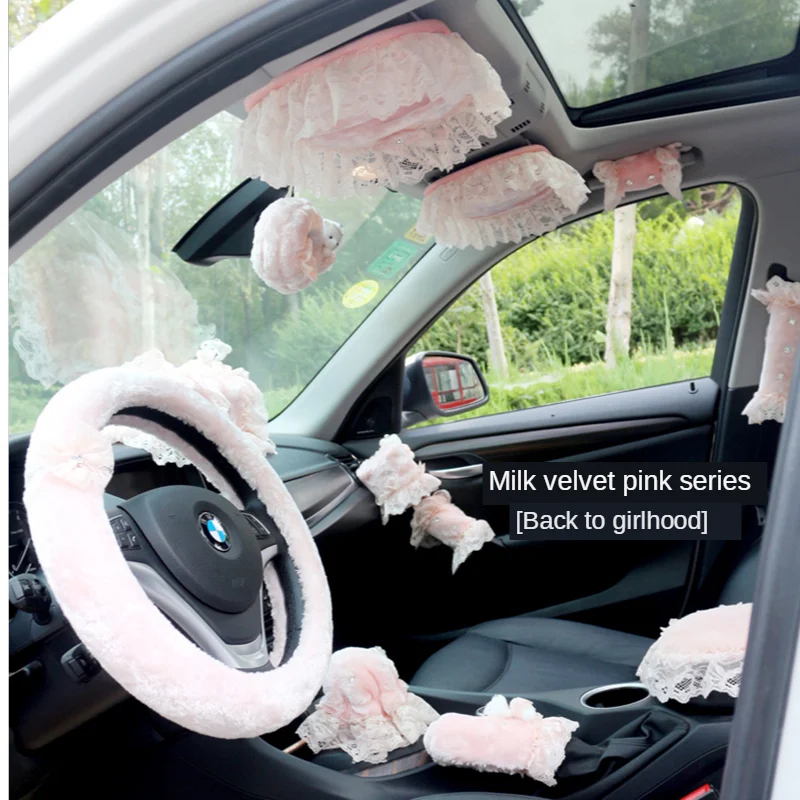 Winter Plush Pink Car Interior Decoration Accessories Set Headrest Pillow Steering Wheel Cover Gear Handbrake Cover Seat Cushion