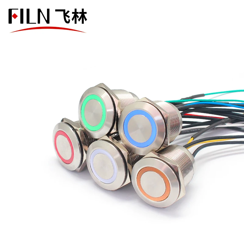 FILN 22mm 12V Ring LED Momentary Or Lactching Stainless Steel IP68 Waterproof Metal Potted Push Button Switch with wire