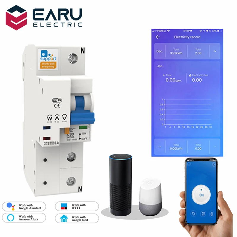 Imagem -06 - Ewelink-interruptor Inteligente Wi-fi com Aplicativo Tuya 1p 2p 10100a 220v Energia Kwh Medidor de Voltímetro Amperímetro Monitor de Voltagem