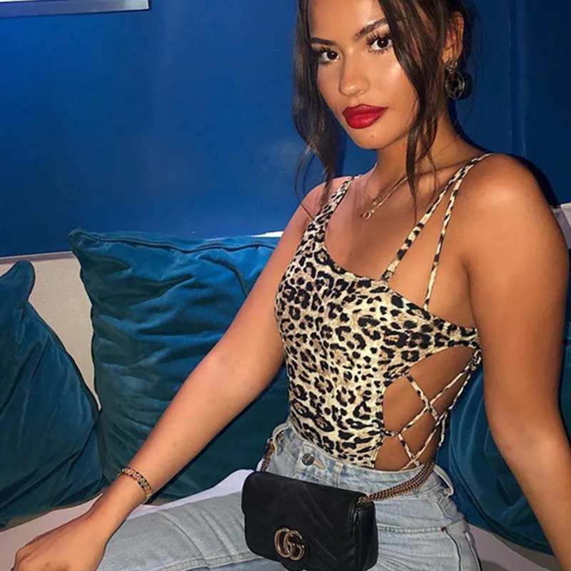 BKLD Summer Clothes 2021 New senza maniche monospalla pagliaccetti da donna stampa leopardata anello fasciatura allacciatura scava fuori body Club