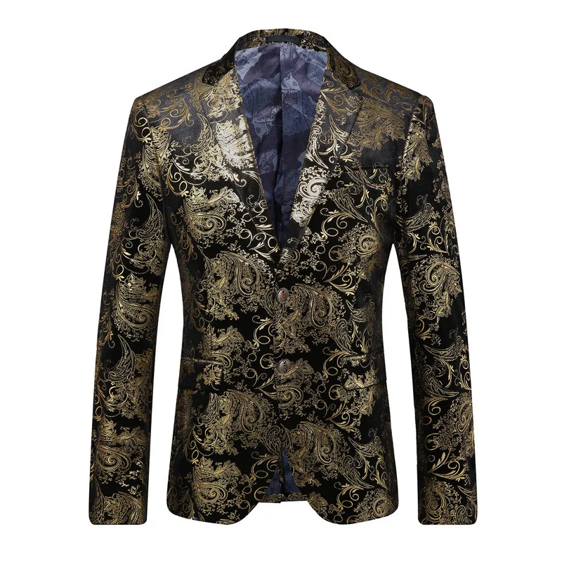 Gold Stamp Men's Suit Long Sleeves Suit Jacket Men Golden Silver Gilding Slim Blazer Jacket Fashion Dress Performance Clothing