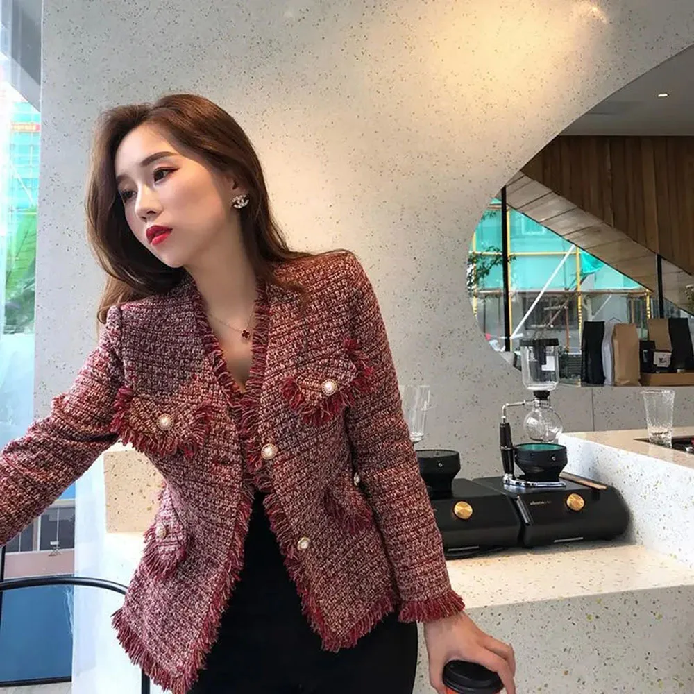 New Women Retro Elegant Red Plaid Office Jacket Coat Autumn Slim Lady Tassel Pearl Metal Single-Breasted Tweed Short Tops Coat