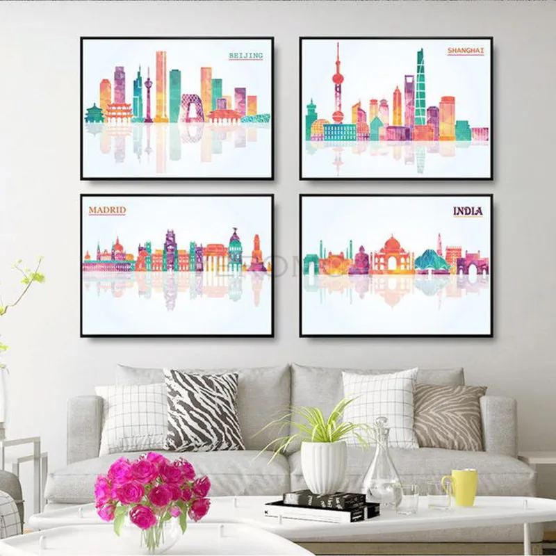 

Minimalist Madrid Usa New York India Shanghai Beijing Poster Watercolor City Canvas Painting Wall Art Pictures Living Room Decor