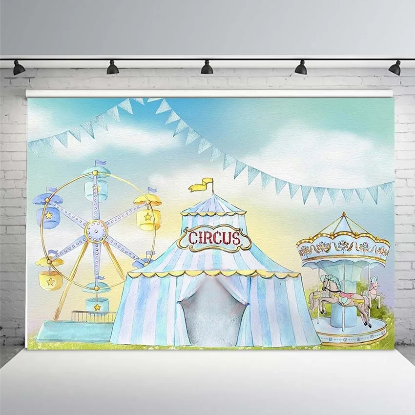 Carnival CIRCUS Backdrop Big Top Themed Clown Boy Birthday Party Banner Pastel Blue Tent Fun Fair Watercolor Photo Backgrounds