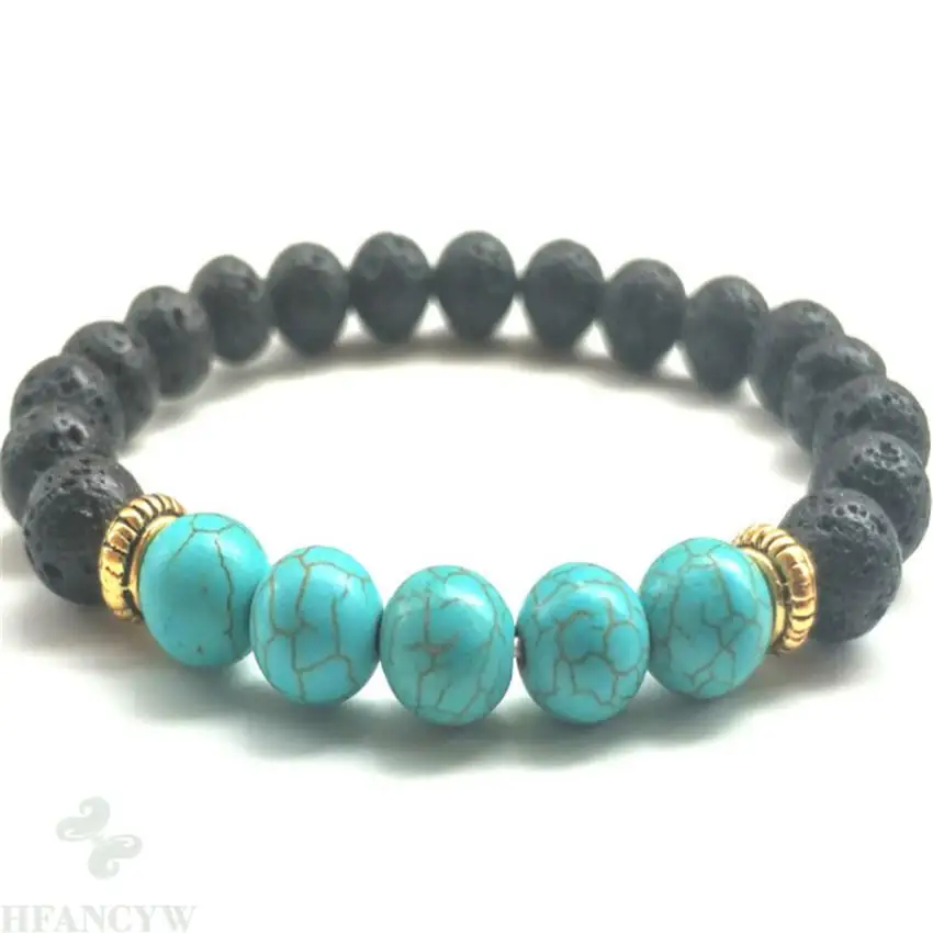 8mm Lava Stone Turquoise Gemstone Mala Bracelet 7.5inches Healing cuff Chakas Stretchy energy Monk Bead Prayer Men Yoga