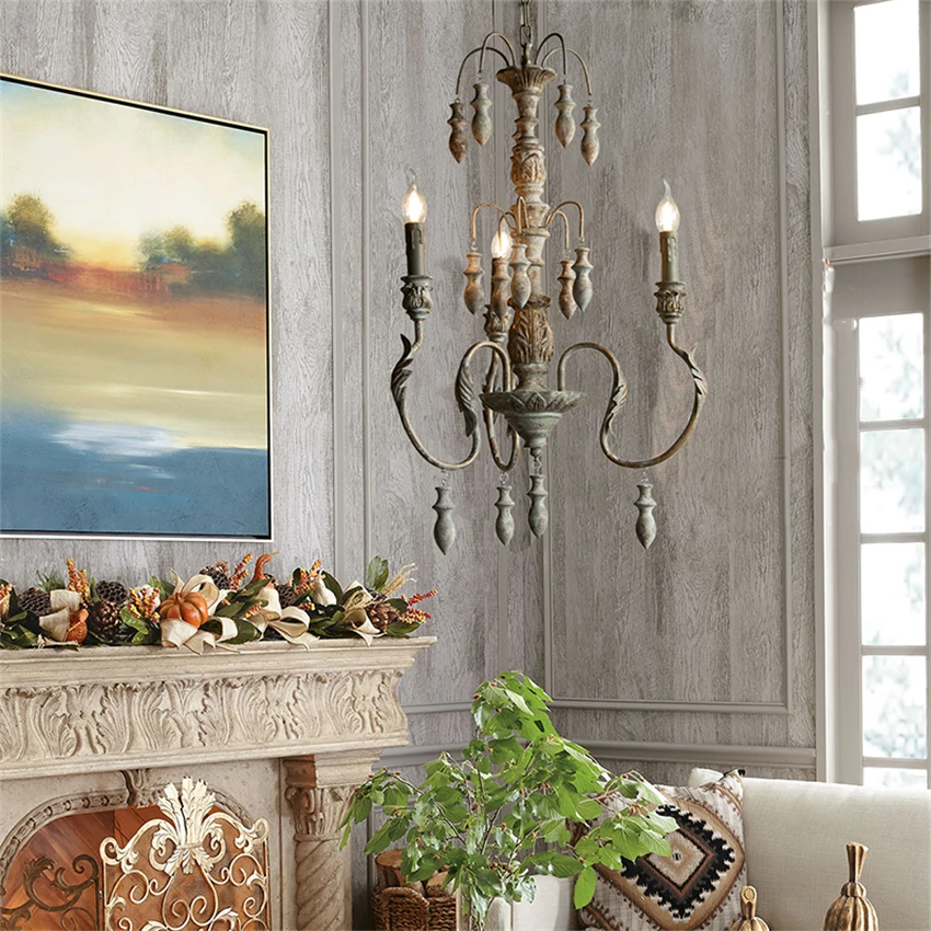 French ventage candle chandeliers lights villa stair living room lamp dining room lamp American retro bedroom hanging fixtures image 4