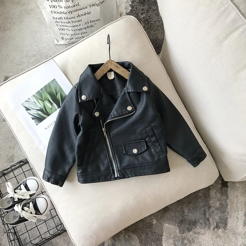 Fashion Baby Boy Girl  PU Leather Jacket Spring Autumn Toddler Kids Leather Coat Casual Chaqueta Outwear Clothes black 1-7Y