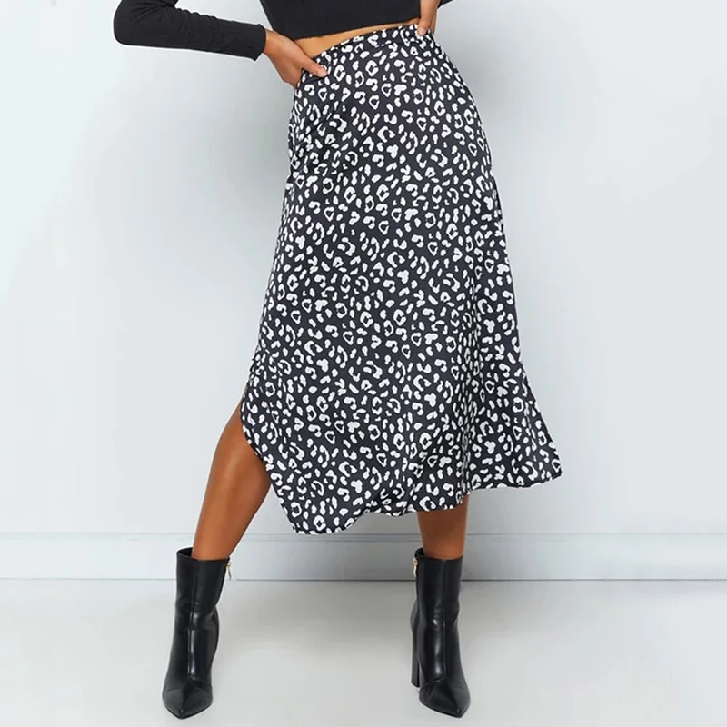2024 New Sexy Leopard Print Chiffon Split Skirt Casual Fashion Long Skirts for Women Spring Summer Zip Elegant Female Skirt