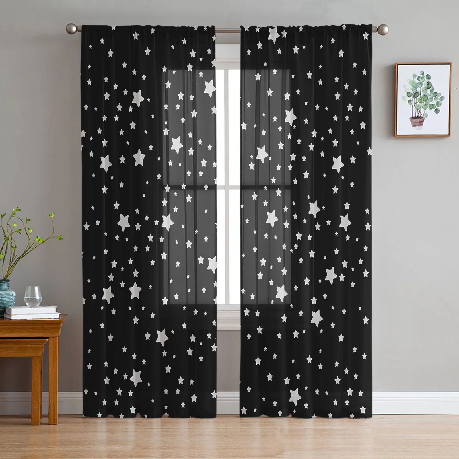 Black Stars Tulle Curtains for Living Room Bedroom Modern Kitchen Sheer Curtains for Voile Curtain