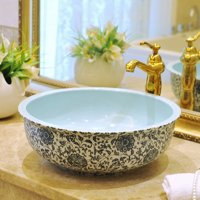 Europe style round shape chinese washbasin sink Jingdezhen Art Counter Top ceramic bathroom sink ceramic sink hand wash basin