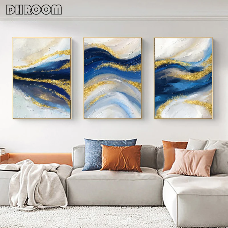 

Blue Gold Abstract Wall Art Modern Canvas Painting for Living Room Paintings Picture Room Wall Decoration Home Decor