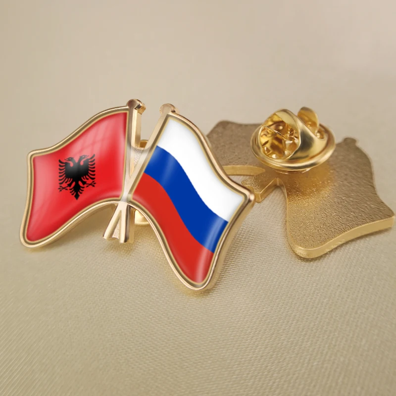 Russian Federation and Albania Crossed Double Friendship Flags Lapel Pins Brooch Badges