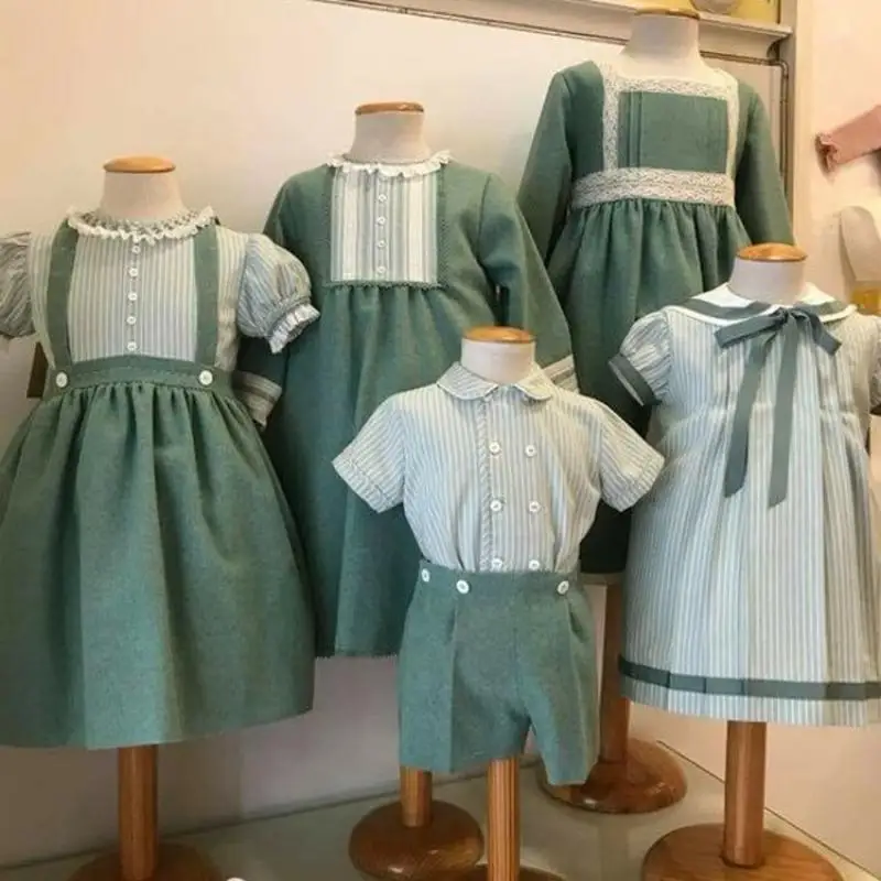 2024 Spaanse Babykleertjes Kinderen Broer Zus Bijpassende Outfit Jongens 2 Stuks Set Meisje Spaanse Jurk Meisjes Groene Rok pak