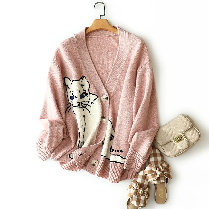 europe new designs animal cashmer merino cat jacquard outerwear women's chic winter thick streetwear knitted cardigan