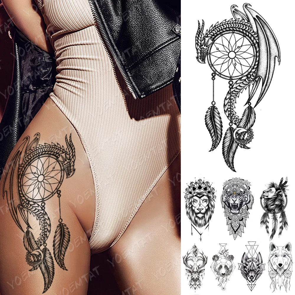 Waterproof Temporary Tattoo Stickers Dragon Lion Tiger Dream Catcher Tatto Panda Wolf Body Art Arm Fake Sleeve Tattoos Women Men