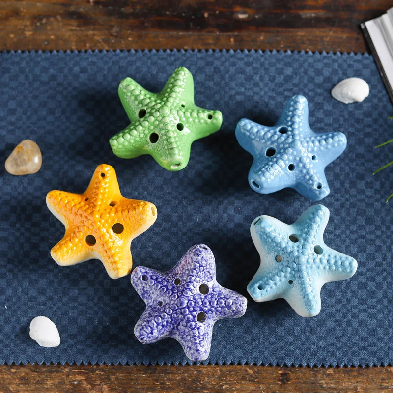 Ocarina de 6 Orificios con Forma de Estrella de Mar, Ocarina Pequeña en Tono Alto C, Ocarina para Principiantes, Recuerdo Turístico, Juguete Educativo, Colgante de Cerámica
