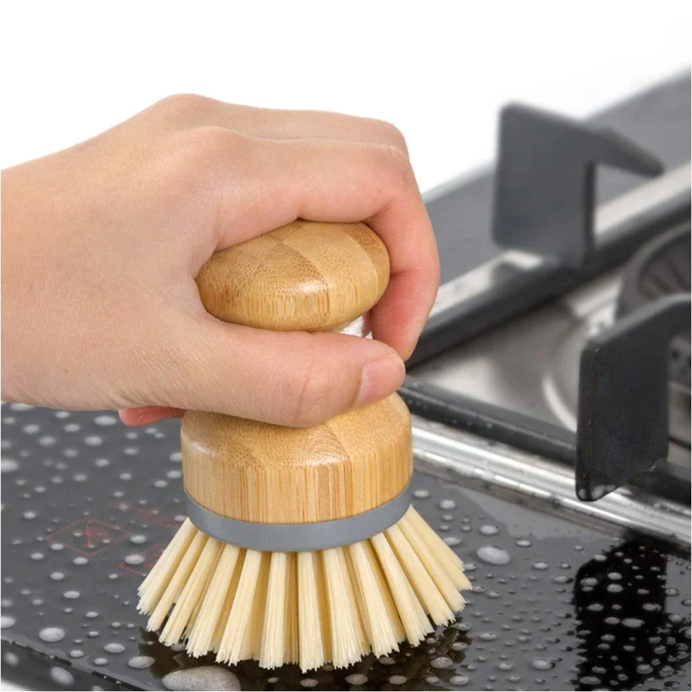 Wooden Bamboo Round Handle Cleaning Brush, Pot, Dish Bowl, Sink Stove Washing Brush, Kitchen Cleaning Tool, Easy Use, Convenient