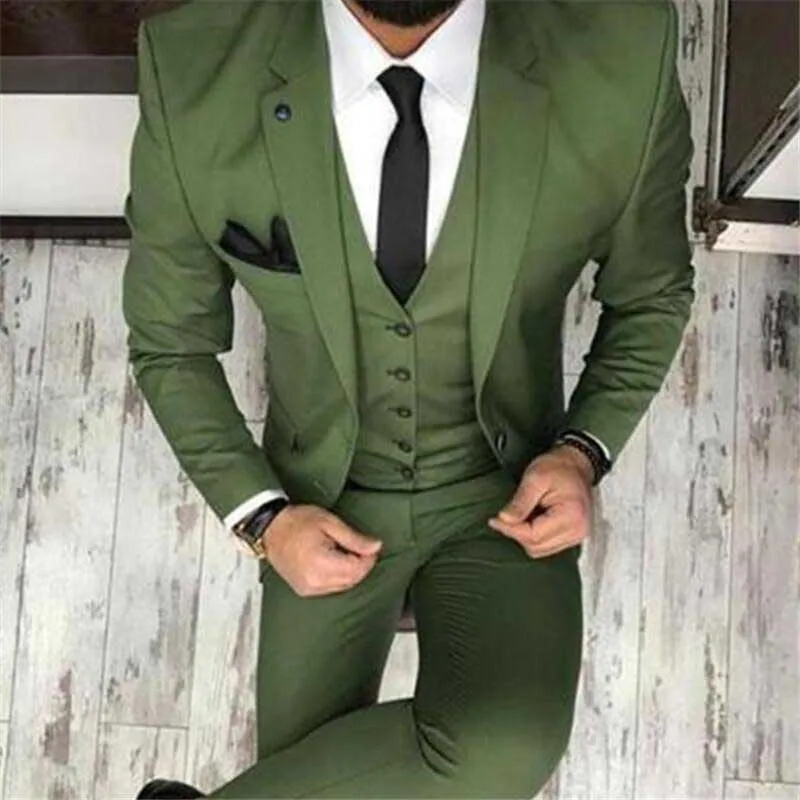 Fashion Men' S Oilve Green Blue 3-Piece Slim Fit Notch Blazer Classic Tuxedo Groomsmen For Party(Blazer+vest+Pants) New 2021