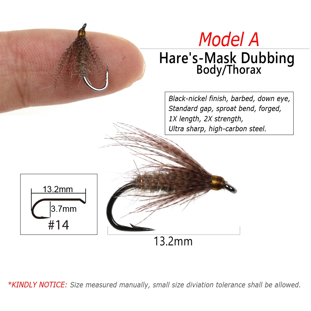 Bimoo 6PCS #14 Soft Hackle Hare’s Ear Flymph Fly Mayfly Leisenring Spider Flies Trout Wet Flies Bass Perch Fishing Bait Lures