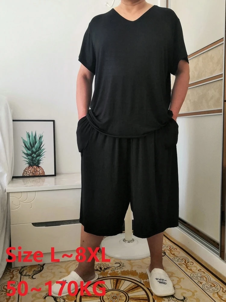 

Summer Men Modal Pajamas Home Wear Sets elasticity large Size 7XL 8XL Soft Comfortable Short Sleeve oversize big SleepWear 150KG