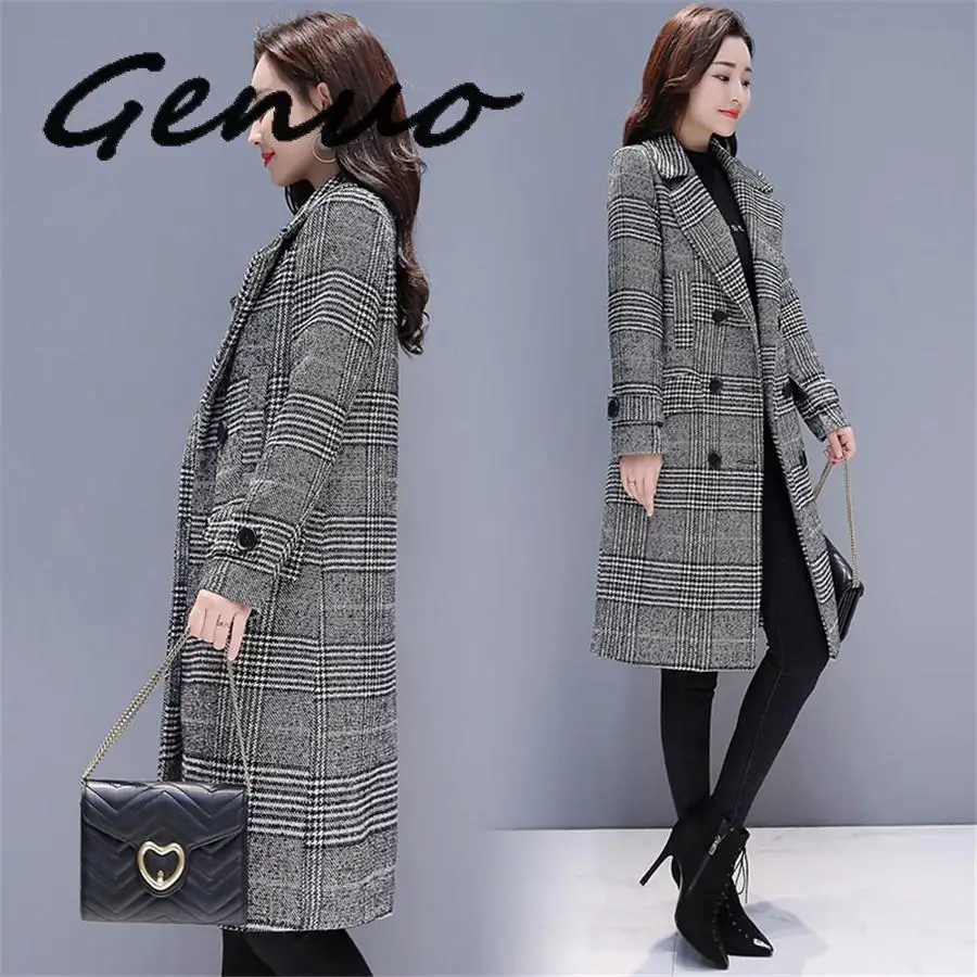 

Winter Women Wool Blends Plaid Trench Coat Elegant Outerwear Casual Loose Thick Cardigan Female Cashmere Overcoat