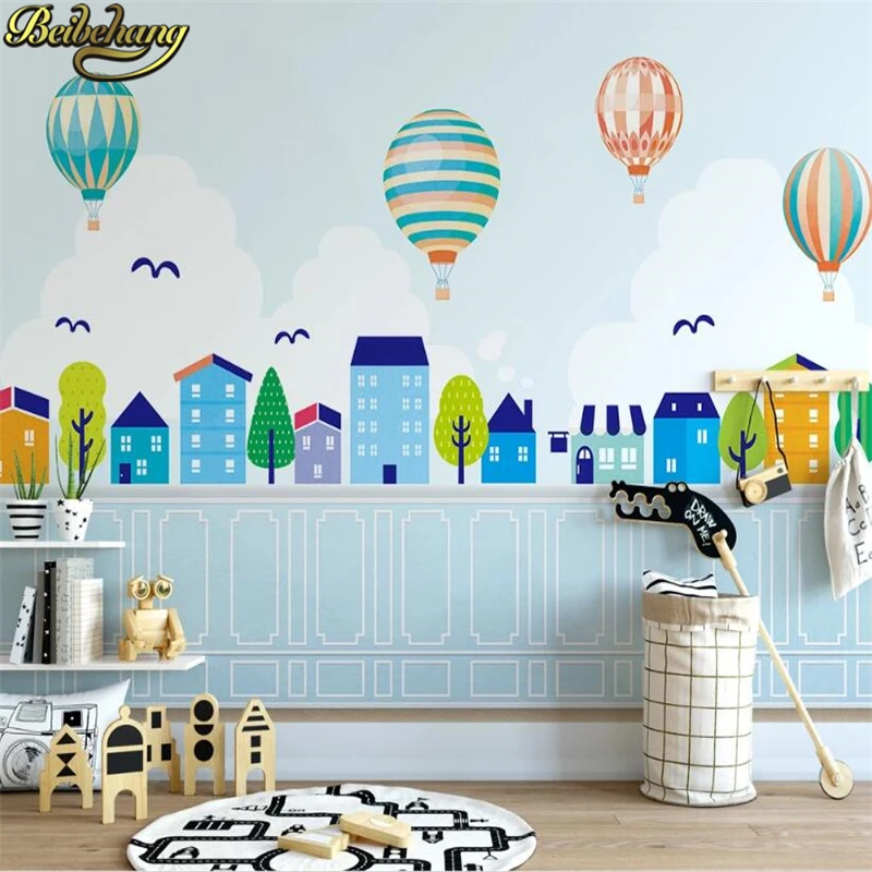 

beibehang Custom Blue hot air balloon house tree blue sky wallpaper for children room TV background bedroom decor 3D wall paper