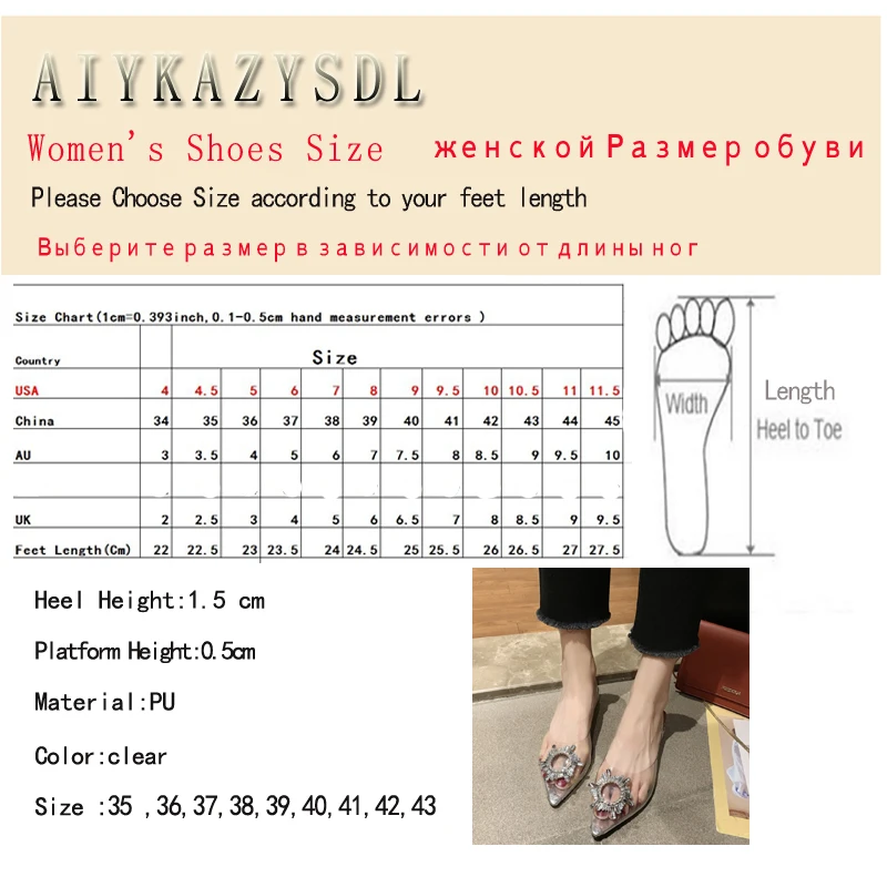 AIYKAZYSDL Women Flat Heel Clear Transparent  Perspex Shoes Pointed Toe Rhinestone Flats Cuban Heels Sandals Slingback Plus Size