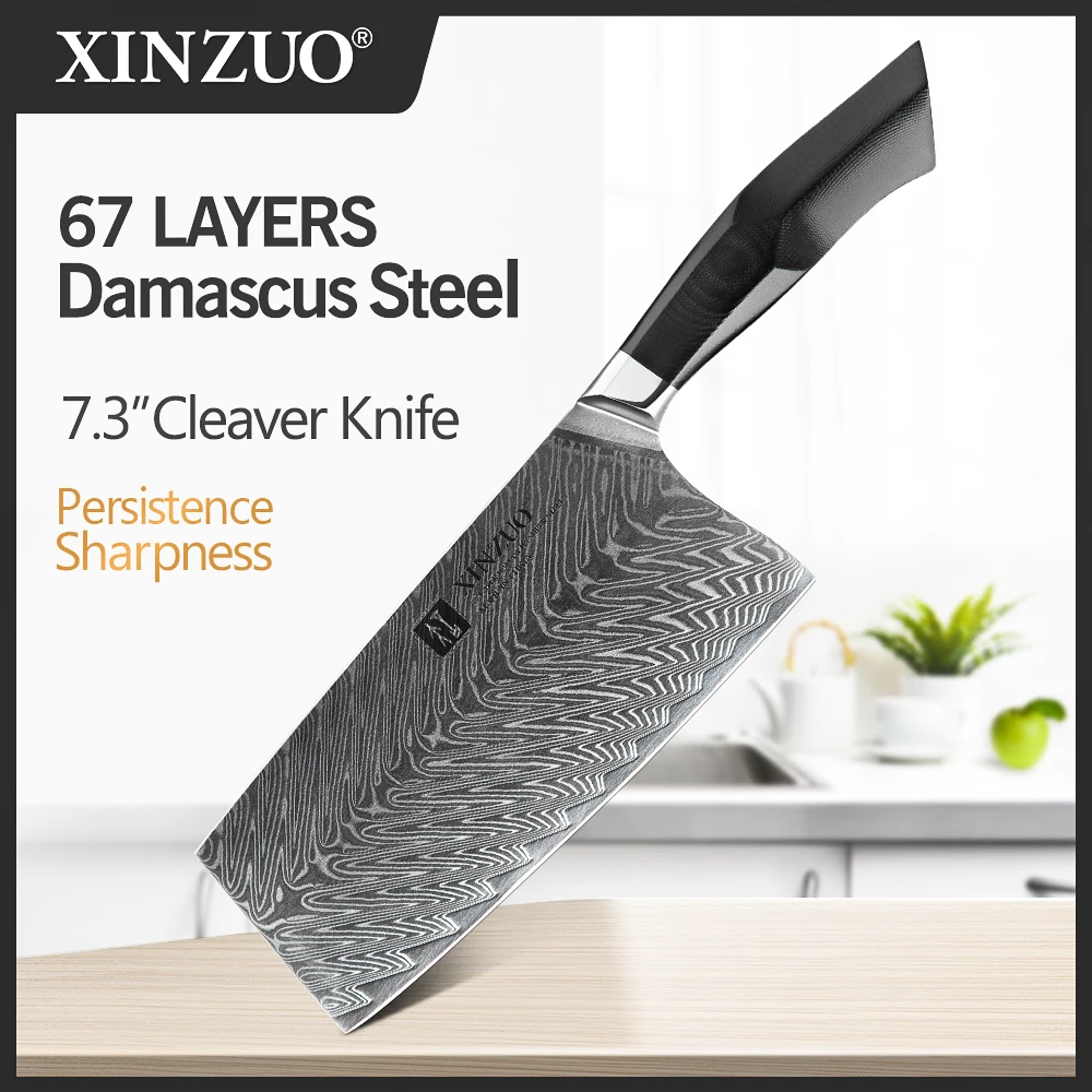 

XINZUO 7.3" Inch Cleaver Meat Knives Damascus Steel High Quality Slicing Knife High Quality Black G10+Mosaic Brass Rivet Handle