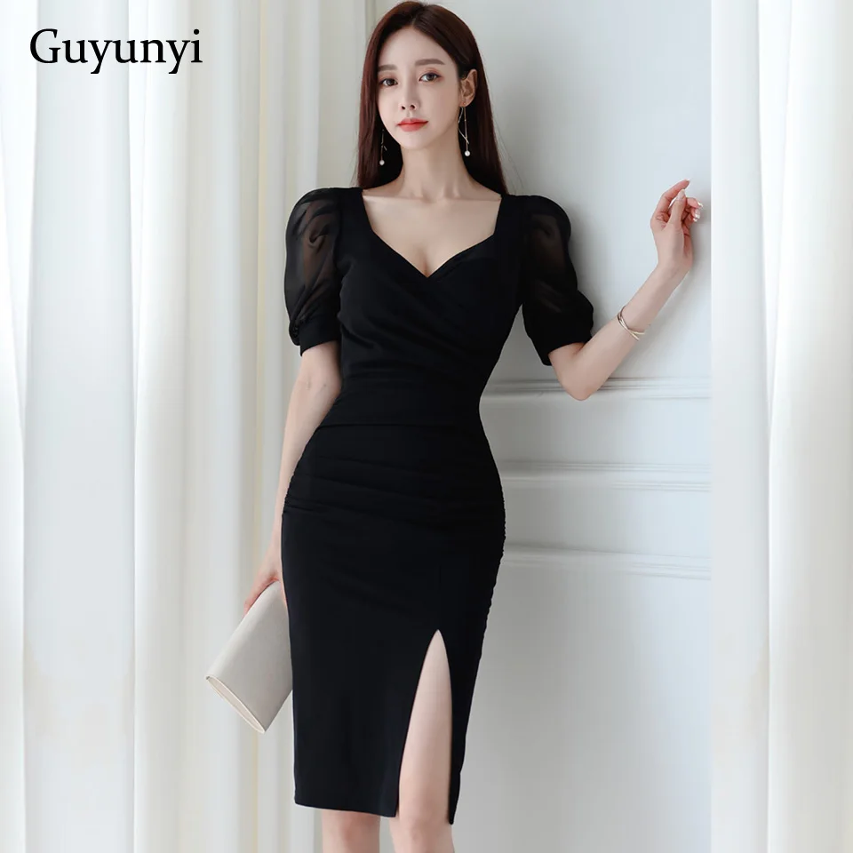 Black Elegant Office Lady Dress Summer Korean Version High Waist Tight Dress Sexy V-Neck Puff Sleeve Women Party Dress