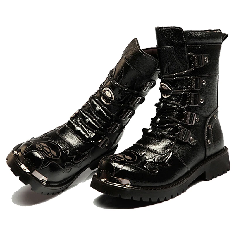 Men Mid-Calf Army boots Lace-Up Genuine leather Motorcycle boots Non-slip Wear-resistant Outdoor work boots Skull