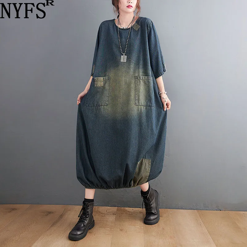 NYFS 2024 Spring Summer New Loose Big size Woman Dress Vestidos Robe Elbise Fat mm Fashion Short Sleeve Denim Dress