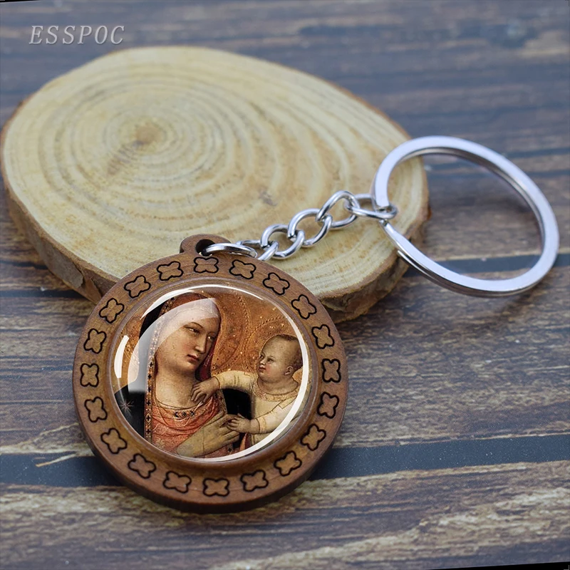 Virgin Mary and Baby Jesus Christian Catholicism Keychain Religious Catholic Saint  Glass Cabochon Wooden Keychain Jewelry Gifts