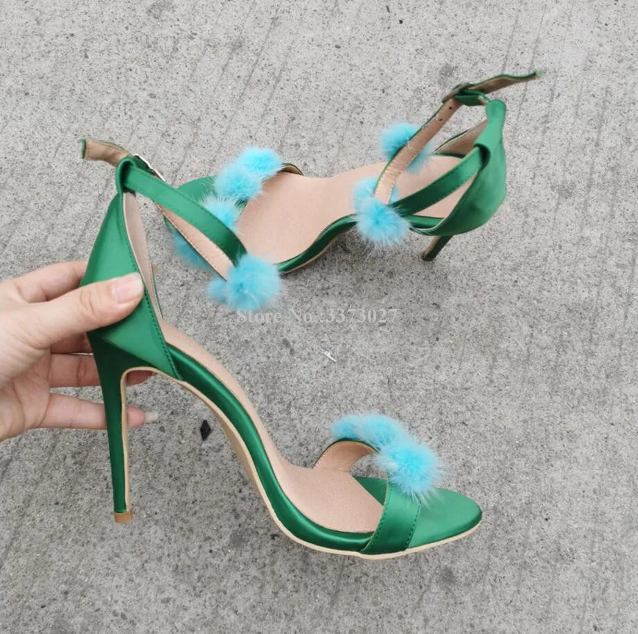 Lady New Green Ball Decor Stiletto Heel Sandals Shoes Fashion Ankle Buckle Real Photos High Heel Dress Sandals Women Party Shoes