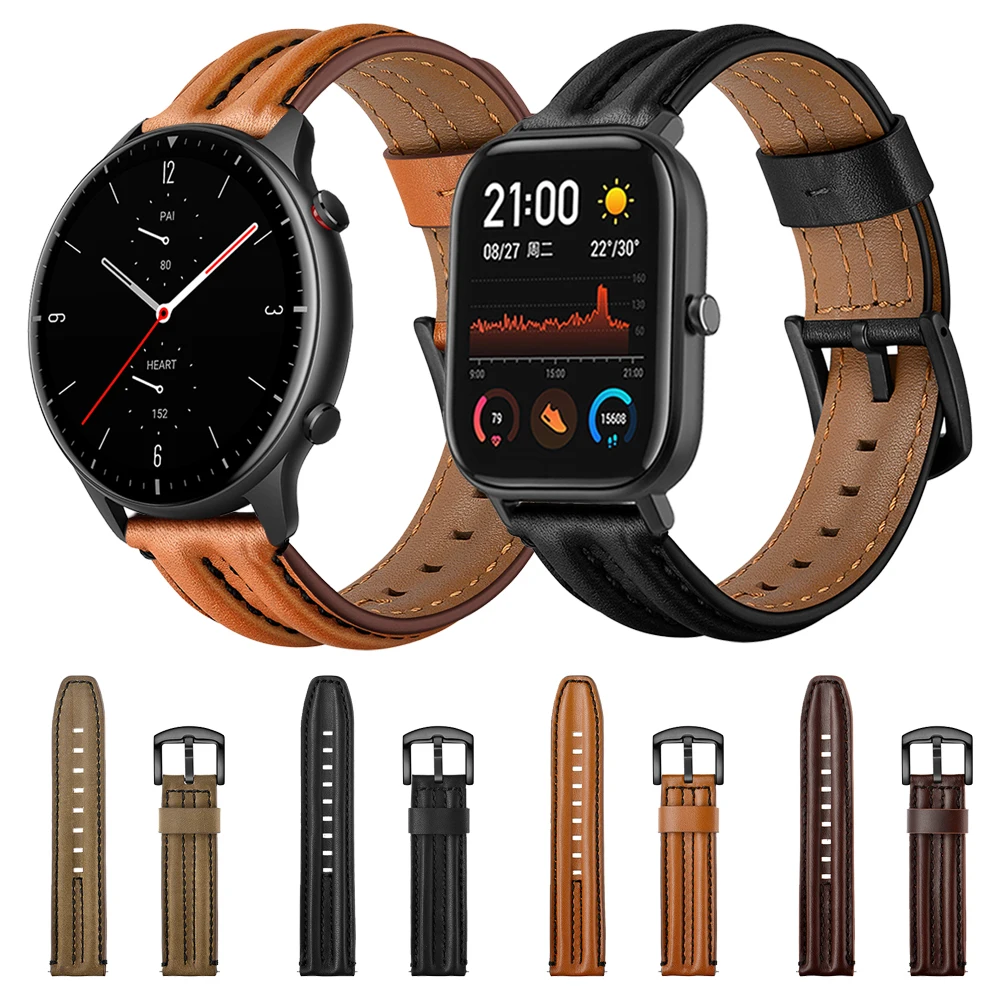 Leather Strap For Huami Amazfit GTR 2 GTS 2 Band Straps For Amazfit Bip / Stratos 3 GTR 47MM 42MM Smartwatch Watchband Bracelet