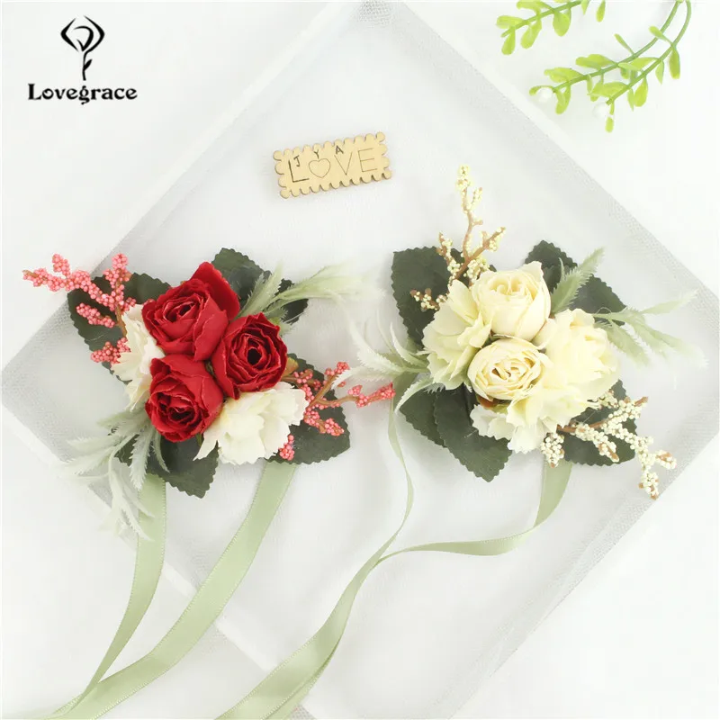 Wedding Boutonniere Silk Roses Corsage Wrist Bridesmaid Bracelet Flowers Groom Buttonhole Suit Accessories Broche Mariage