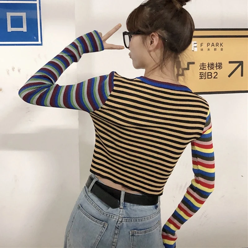 Striped Knitted T-shirt   Autumn Women Student Wind Casual Wild Slim Short T-shirt Female Crop Tops Long Sleeve T-Shirts