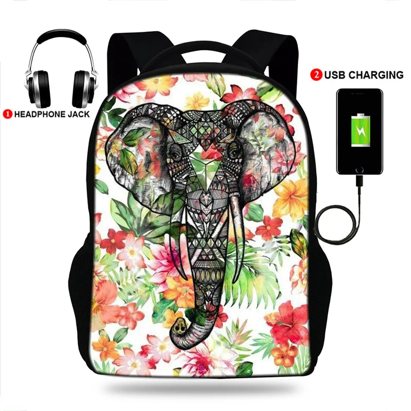 

USB Charging Backpack Animals Geometric Elephant Print Book bag School Bags Teenagers Boys& Girls Shoulder Mochila