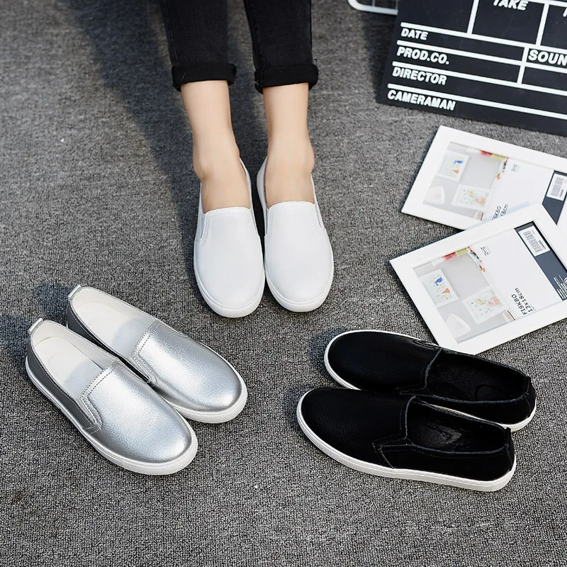 Women Flats Loafers Casual Leather Shoes Woman Loafer Slip-on Shoes for Women Moccasins High Quality Fashion Silver Female