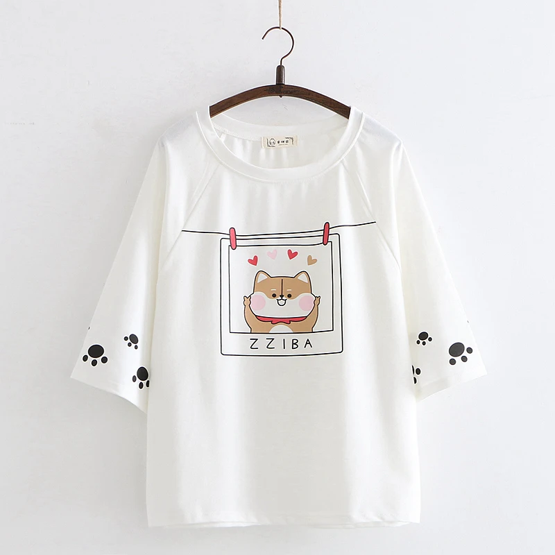 Japanese Cartoon Heart T Shirt Women Harajuku Kawaii Dog Graphic Tee Korean Style Cute Short Sleeve White Shirt Top Yellow