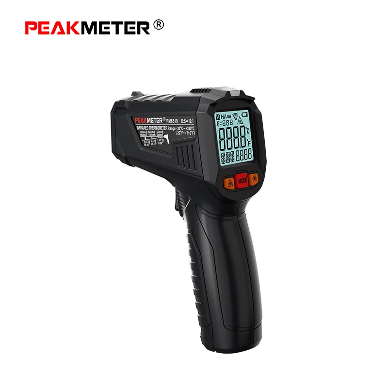 PEAKMETER PM6519 Laser LCD Digital Infrared Thermometer Temperature Meter Gun Point -50~380 Degree Non-Contact BBQ Thermometer