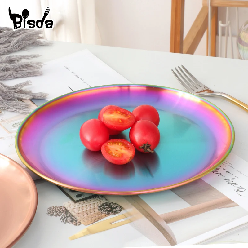 Stainless Steel Dinner Plates Gold Dessert Fruit Dish Round Salad Trays Snack Dish Serving Tray Candy Food Storage