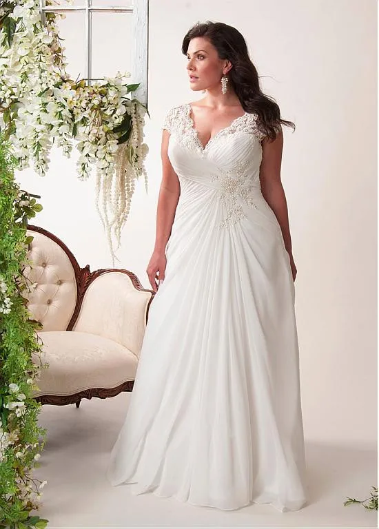 

Elegant Plus Size Wedding Dresses V-neck Cap Sleeves Robe de Mariage Sweep Train Appliqued Open Back Chiffon Bridal Gown