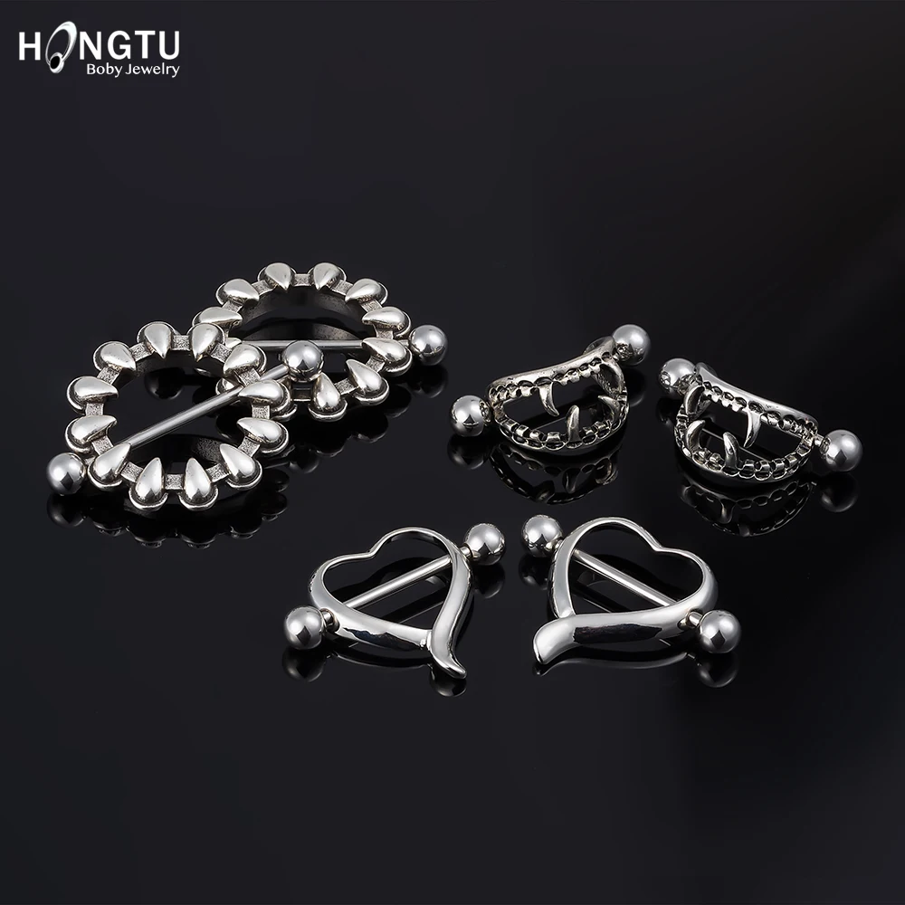 HONGTU 1Pair Love Hearts Vampire Teeth Nipple Bar Rings for Women 14g Surgical Steel Nipple Shield Piercing Ring Body Jewelry