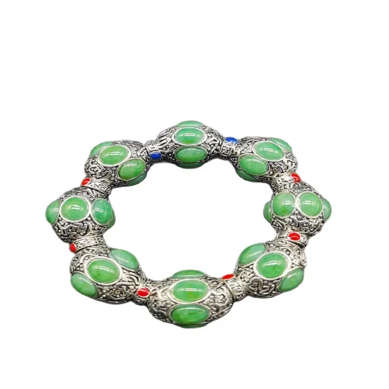 China Old Tibetan Silver Inlaid Green Colour Jade Bead Hand String Bracelet