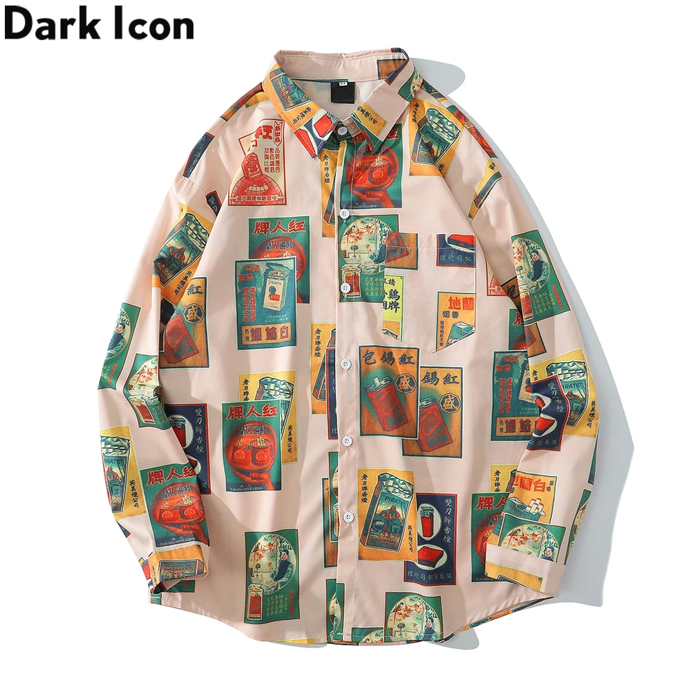 Dark Icon Vintage Printed Shirts Men Turn-down Collar Men\'s Shirt Streetwear Shirts for Man