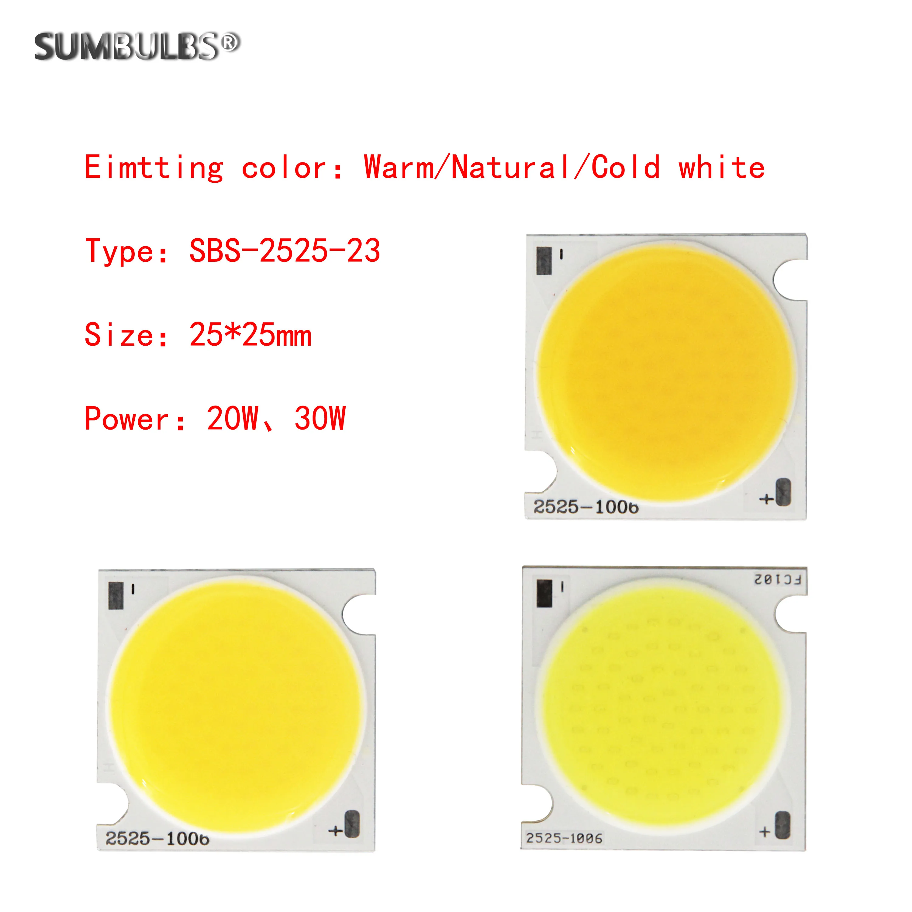 

SUMBULB Manufacturer LED COB 25*25mm 20W 30W High Bright Module LED Lighting Fixtures & Components COB Source for Downlight