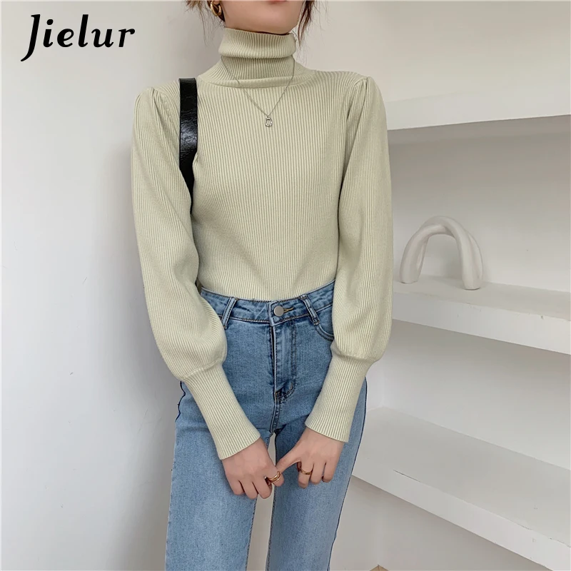 Jielur Blue Turtleneck knitted Sweaters Female New Autumn Winter All-match Slim Bottoming Tops Black Puff Sleeve Women Pullovers