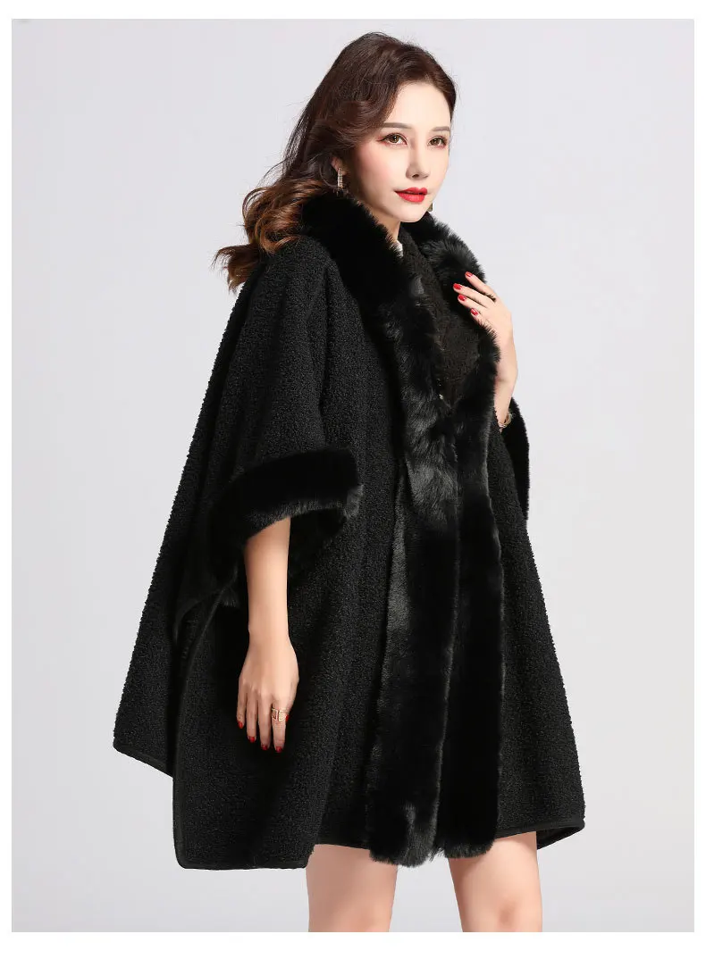 Women Granular Cardigan Long Cloak Loose Coat With Hat Winter Thicken Velvet Big Pendulum Faux Fur Collar Outstreet Poncho Capa