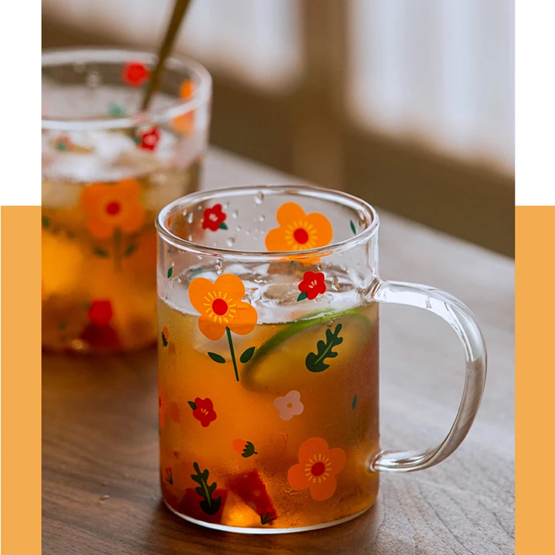 450Ml Sunflower Pattern Glass Cup Coffee Mug Milk Breakfast Glass Household Glass Mug with Handle Large Capacity Oatmeal Mug